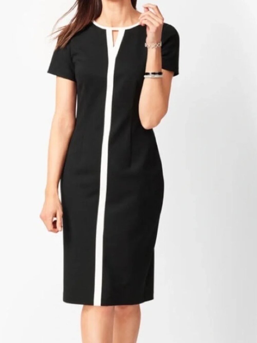 Talbots Knit Black Sheath Dress with Cream Vertical Stripe & Keyhole Size 10P